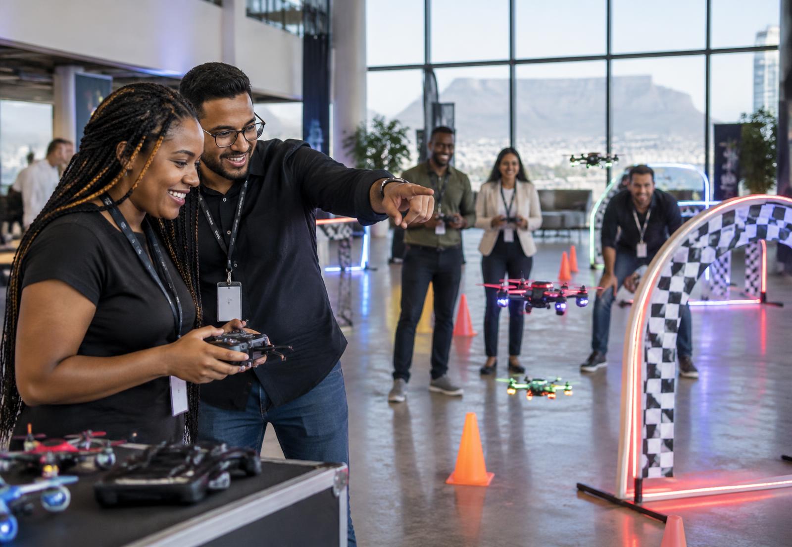 A corporate team at an indoor drone challenge